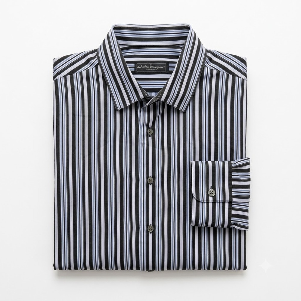Salvatore Ferragamo Men's L Bold Stripe Dress Shirt Black White Cotton Italy